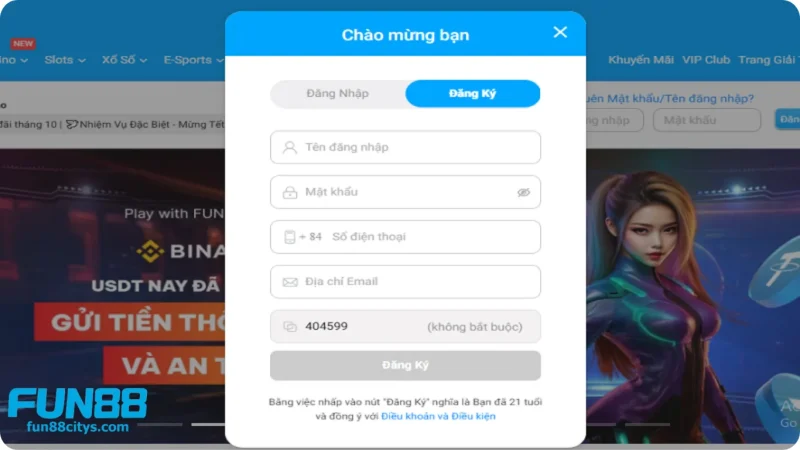 Giao diện đăng ký tài khoản Fun88