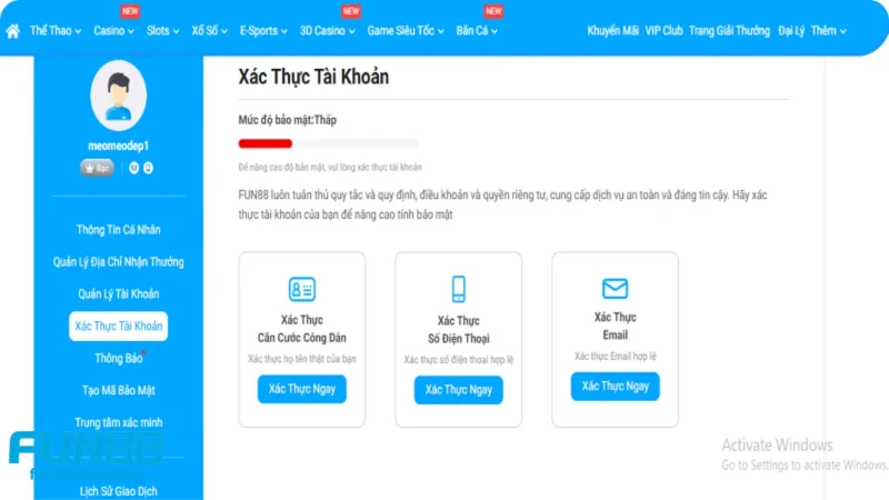Chú ý xác thực tài khoản sau Fun88 đăng nhập